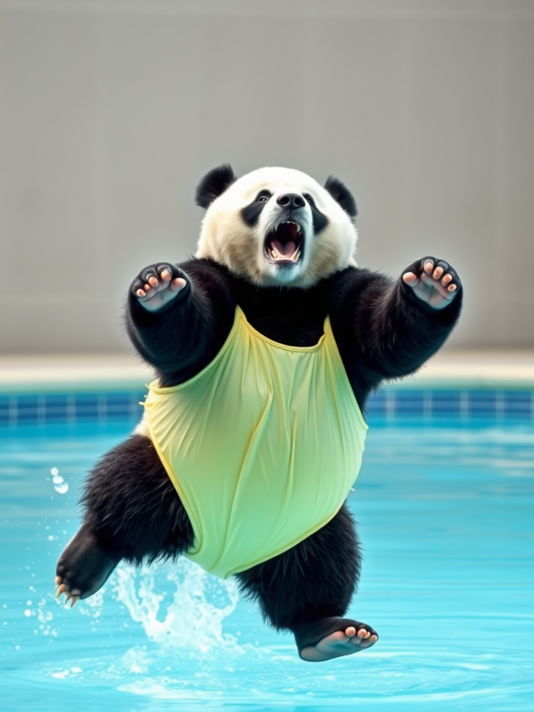 A panda bear wearing a speedo jumping into a pool