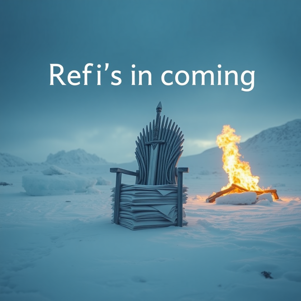 A movie scene in Antarctica depicting the Game of Thrones sword chair made out of stacks of paper. The text in the background says “Refi’s are coming.” Epic theme and high-quality cinematic elements. No animals or people. Winter storm, epic legendary shot with fire.