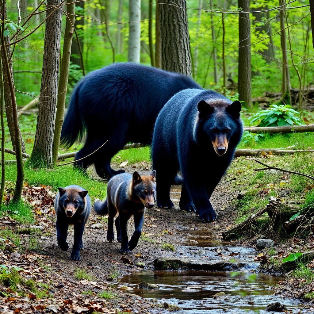 Two smaller dark furred wolves and a large black bear walking through the woods along a small creek