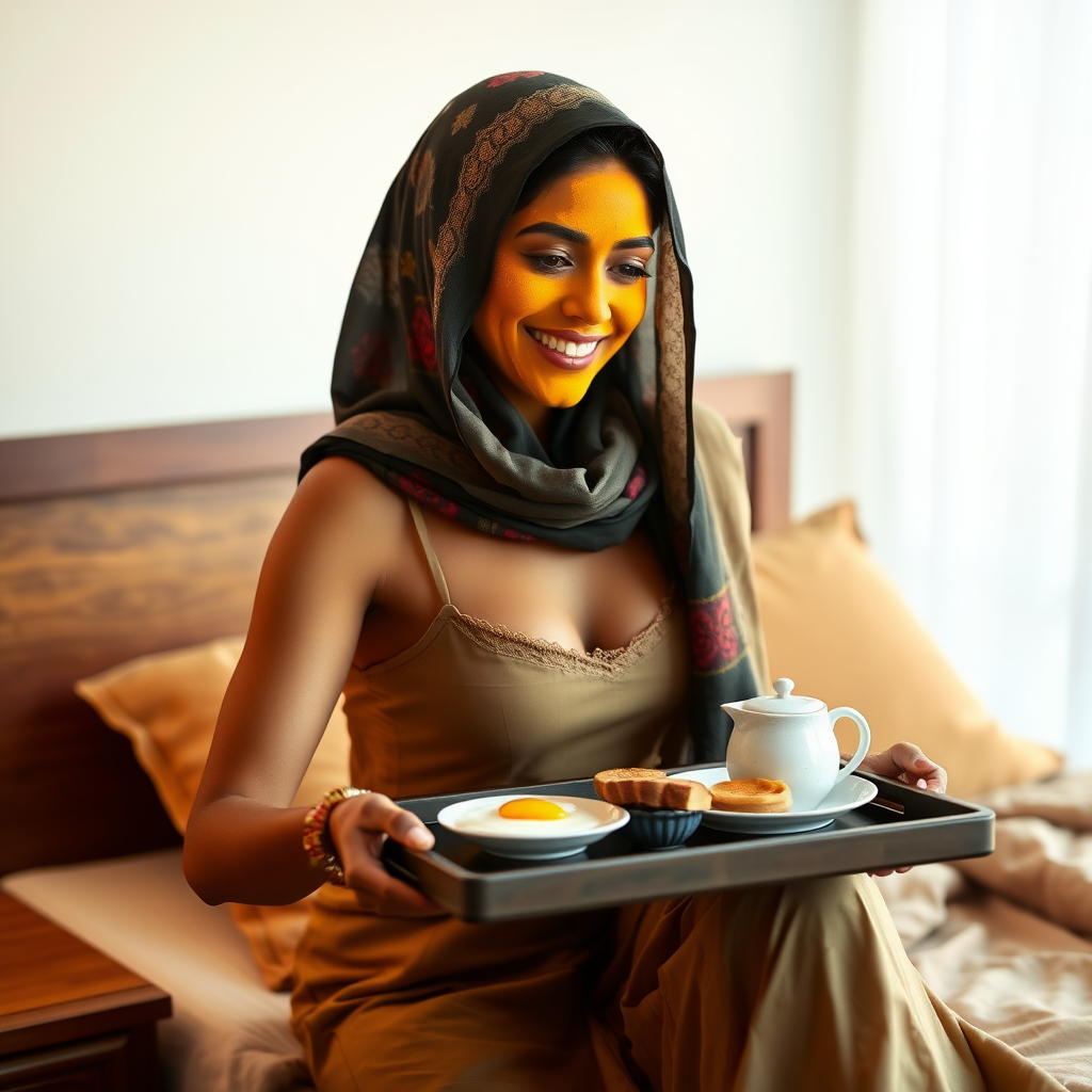 slim, 30 year old, sexy, indian wife, scarf head, turmeric face mask. She is smiling and serving breakfast on a tray on bedside table