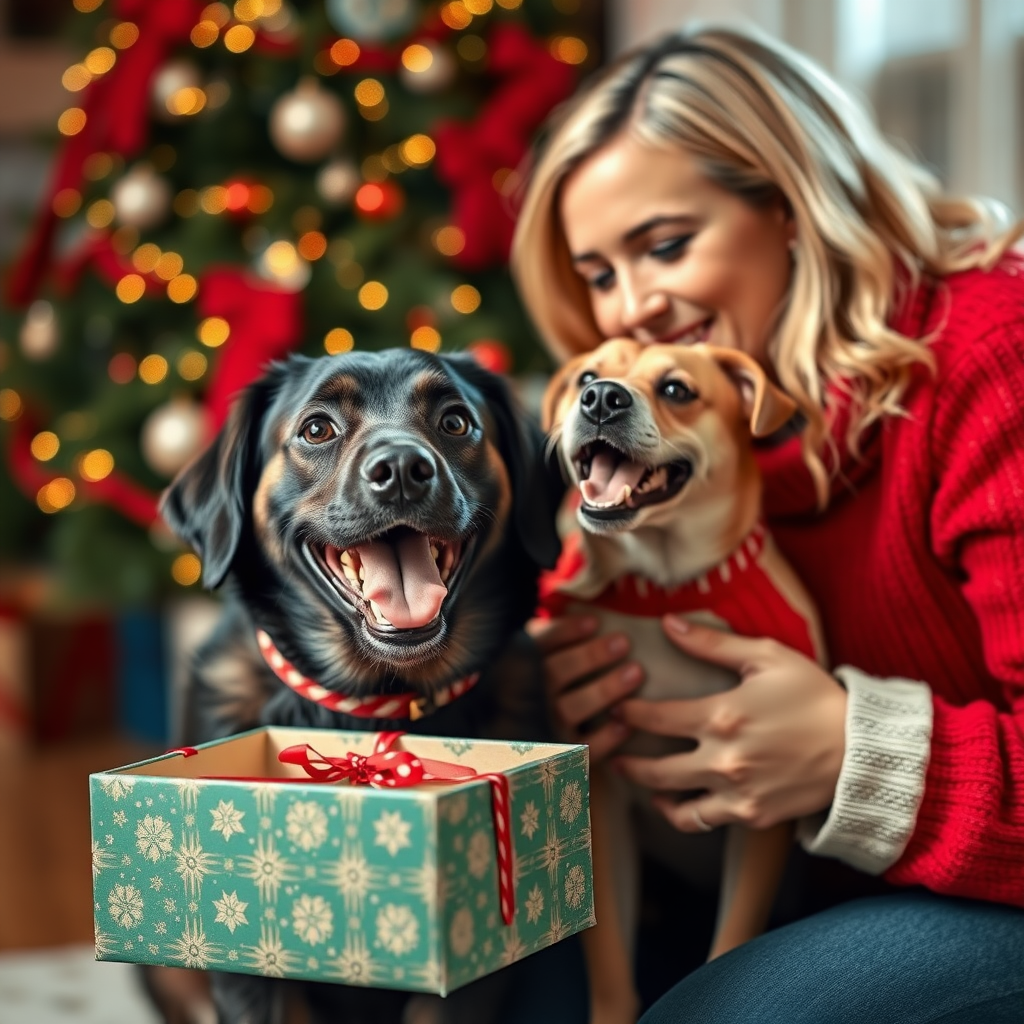 The dog was very happy to receive a gift at Christmas, and a woman was holding the dog; the gift box had no lid.