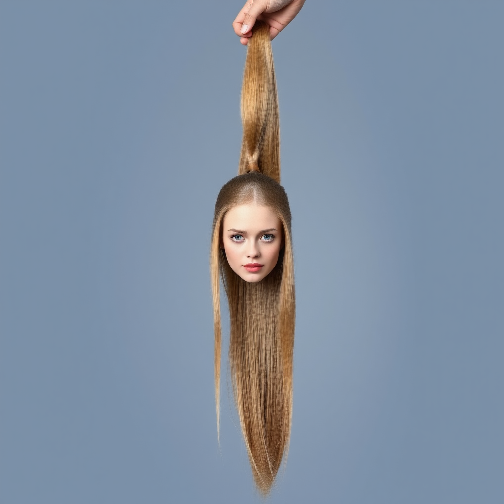 Surreal image of a very long haired woman's beautiful disembodied head hanging by her very long hair. Her very long hair is gathered at the top of her head into a long ponytail that stretches upward into a grasped hand. Plain gray background.