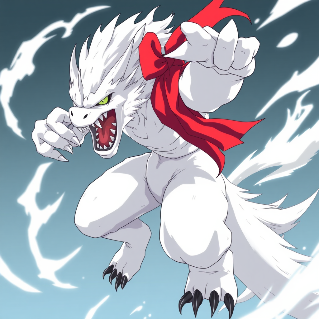 A white character striking a beastly pose in anime style.