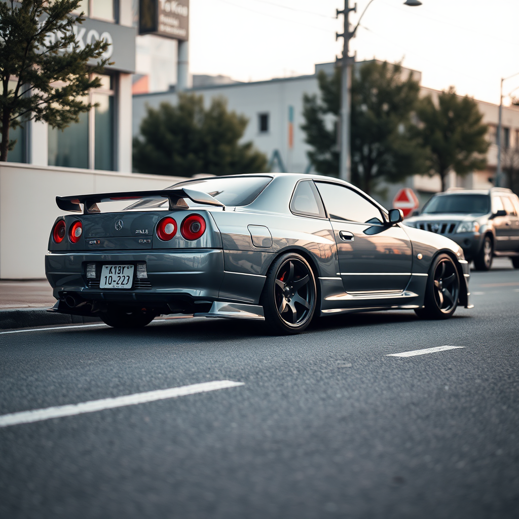 The car is parked on the side of the road, inspired by Taiyō Matsumoto, tumblr, restomod, nd4, c4 metallic shine gray black nissan skyline r34 tokyo gece cosplay kadınlar arkaplan hatasız ayrıntılı genel gerçek detaylar