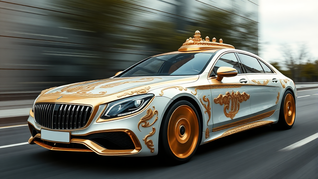 futuristic maybach sedan , A luxurious, white and gold-plated car adorned with intricate, ornate designs and carvings.  road motion blur