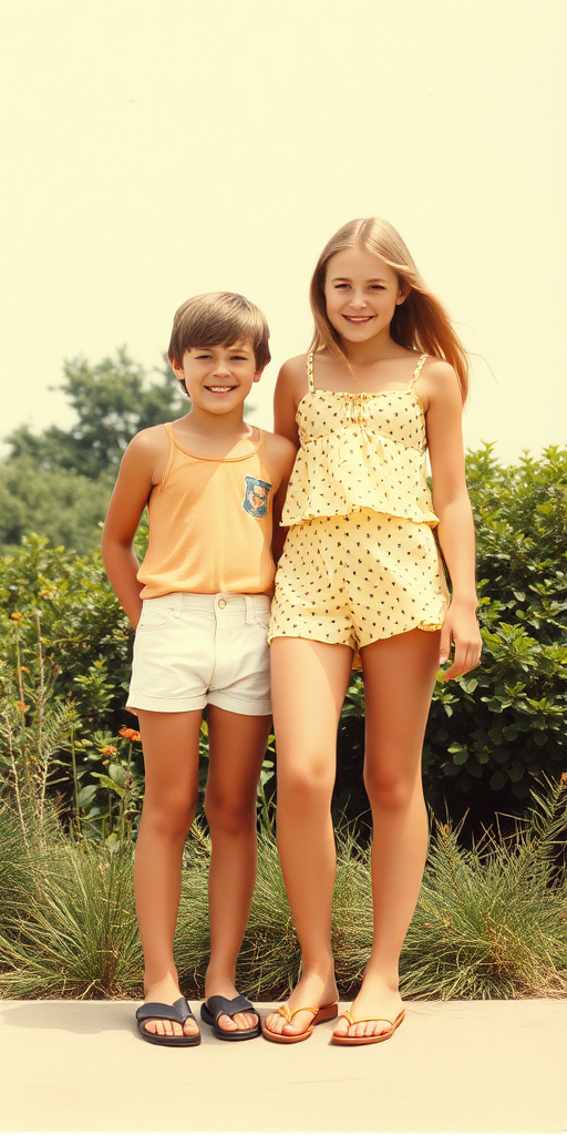 A vintage photo, 1980s. A 14yo teen boy and girl. British. Long legs, bare thighs. Hot summer. Full length view.