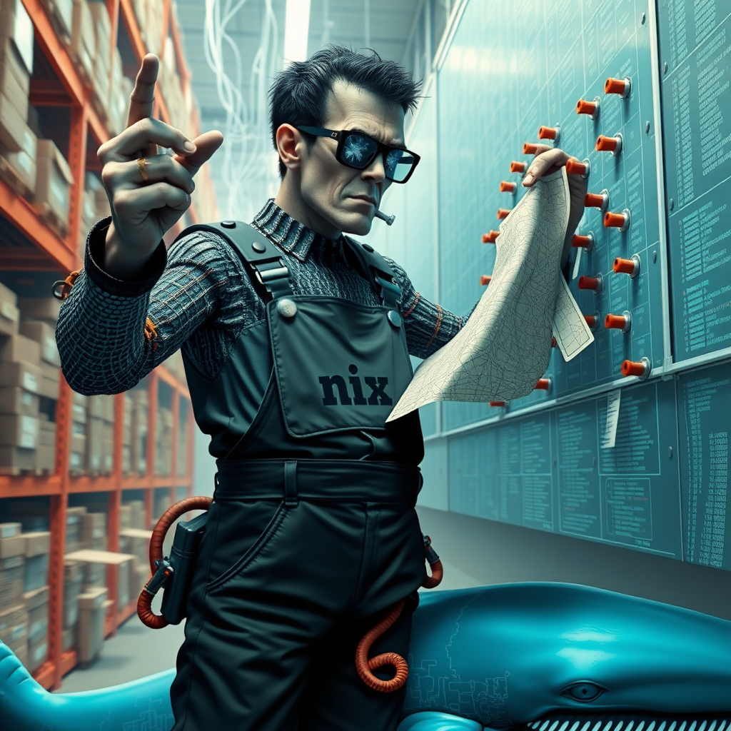 a cyberpunk frankenstein holding a big map in one hand and reaching for marker pins on a high board in a data warehouse, his arms are made of pythons. In the background are streams of data. His Overall reads "nix". He wears glasses in shape of snowflakes. he stands on a puzzled blue whale with intestines coming out.