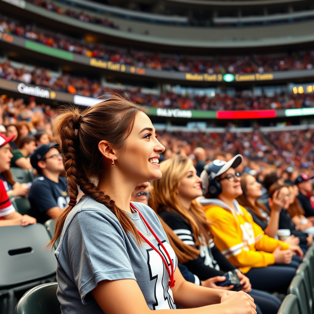 Attractive female NFL fan, pigtail hair, cheering with her friends, inside crowded bleachers, NFL stadium