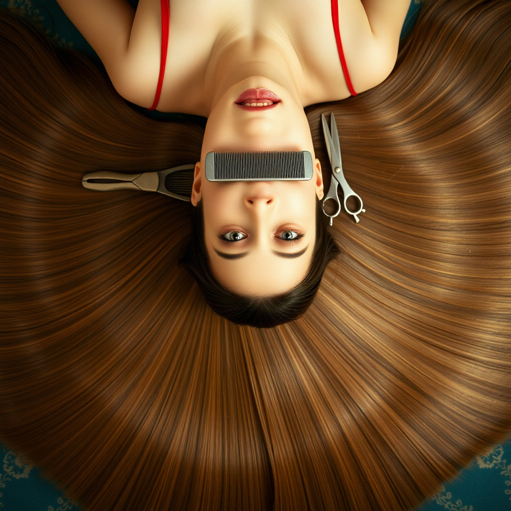 A beautiful woman laying on her back staring up at the camera. Her very long hair meticulously fanned out in a geometrically precise semicircle to display its length and beauty. A comb and scissors are set on top of her hair inviting the viewer to cut her hair.