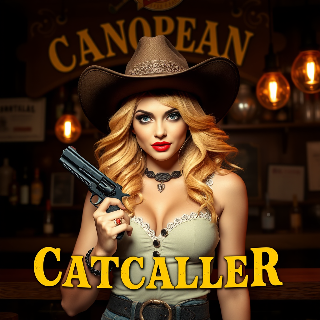 The front of a bar called "Canopean Catcaller" with a woman with a golden fang, cowboy hat, and a revolver