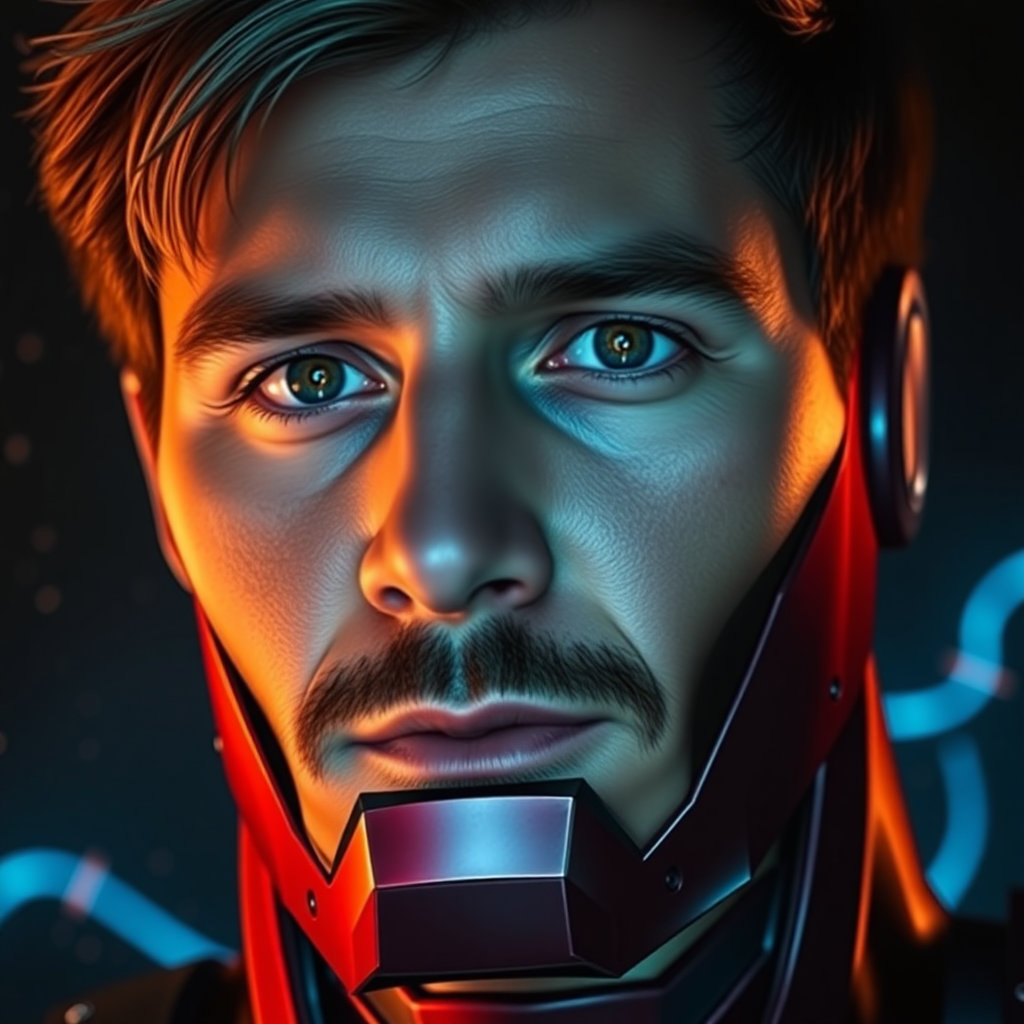 A close-up image of mrfabiom's face, free from the Iron Man mask, with a slight 10-degree canted angle to emphasize his facial features, set against a dark, moody background with subtle sparks and glowing blue lines.