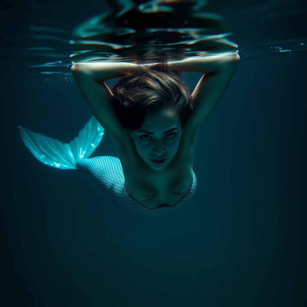 Mermaid floating underwater dark deep waters and dramatic lighting, crystal clear water her arms are up over her head stunning hd DSLR photography, she's facing the viewer looking down deeper into the water. intense and mysterious eye contact. Her tail trails elegantly behind her and delicate shimmering fish scaling trails up the sides of her torso.