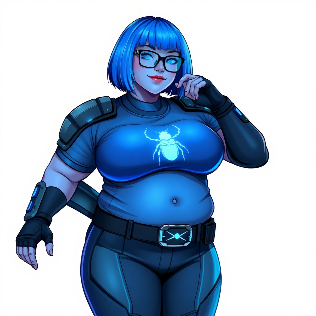 A 28-year-old, full-figured, metallic maximum blue (5PB 5/10) skinned computer program hybrid with a maximum blue bob cut. She has a non-athletic build, highlighted by a prominent, round, large midsection (with emphasis on her belly), which shows the effects of her new love of junk food acquired from her boyfriend. As the full-figured, nerdy, digital sidekick to her cyberpunk vigilante boyfriend, her metallic maximum blue skin and maximum blue lipstick (5PB 5/12) emphasize her digital nature. Her skin has a subtle, animated glow, with digital patterns occasionally flickering across it, making her digital nature obvious. She wears a digital, computerized costume, consisting of a huge, tight-fitting, maximum blue t-shirt (5PB 5/12) made out of advanced nanotech with a neon blue glowing chest icon of a beetle, hi-tech shoulder pads with neon blue accents, a black hi-tech belt with a digital neon blue glowing buckle, digital maximum blue biker pants (5PB 5/12) with neon blue accents, and black hi-tech fingerless biker gloves with neon blue glowing accents. Her neon blue glowing eyes, black eyeglasses with neon blue glowing lenses equipped with a built-in HUD, and bashful smile with neon red blush accentuate her nerdiness. She stands bashfully with one hand behind her back and the other hand gently touching her cheek, her costume covering all her skin and emphasizing her full-figured physique (especially her belly). She is clearly non-athletic, with a focus on her full-figured physique. Despite her build, she radiates beauty. She has a slim face compared to her physique, accentuating her radiant beauty. She is on a solid white background. She is drawn as if she were in a retro 2D cyberpunk fighting game.