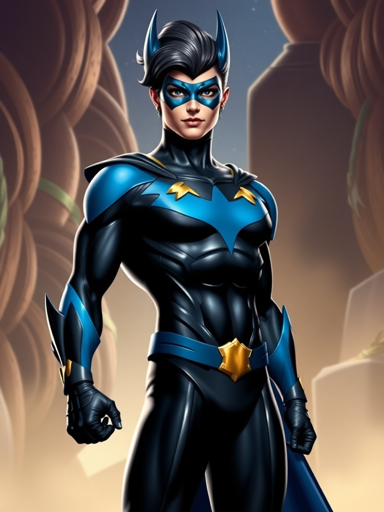 Full-length rendered image of Nightwing, incorporating Wilma Flintstone's physique while retaining Nightwing's head, iconic hairstyle, and distinct facial features. The costume should be primarily Nightwing's, but seamlessly integrate embellishments from Wilma Flintstone's attire, adjusting for the new proportions. The background should be a cohesive blend of elements drawn from both Nightwing and Wilma Flintstone's respective universes, creating a harmonious fusion.  