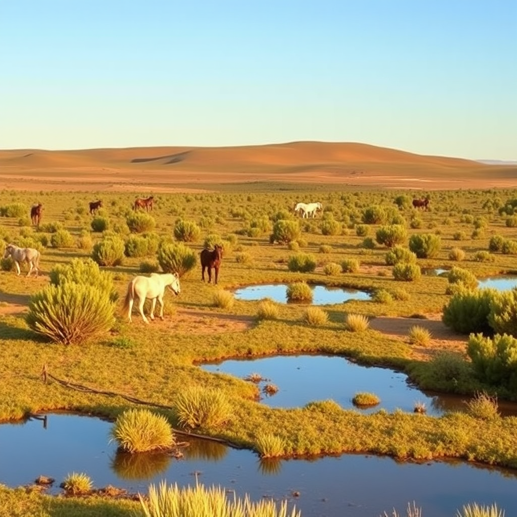 Long plateau with its little horses and Mediterranean vegetation with ponds