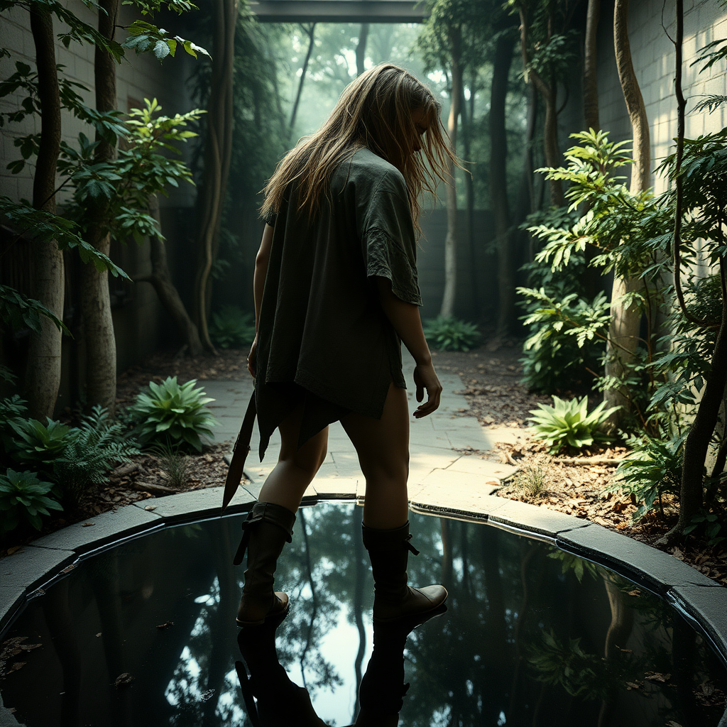 A full body shot from the side of a pretty twenty-something female orc wizard with a face resembling (ana de armas) standing above a reflection of herself in a small pool of water in a dense forest. messy shoulder length hair tussled by wind. inside a courtyard. Hyper-realistic, Photorealistic digital matte painting, soft focus, film grain, lens flare. gritty, dirty, scuffed.