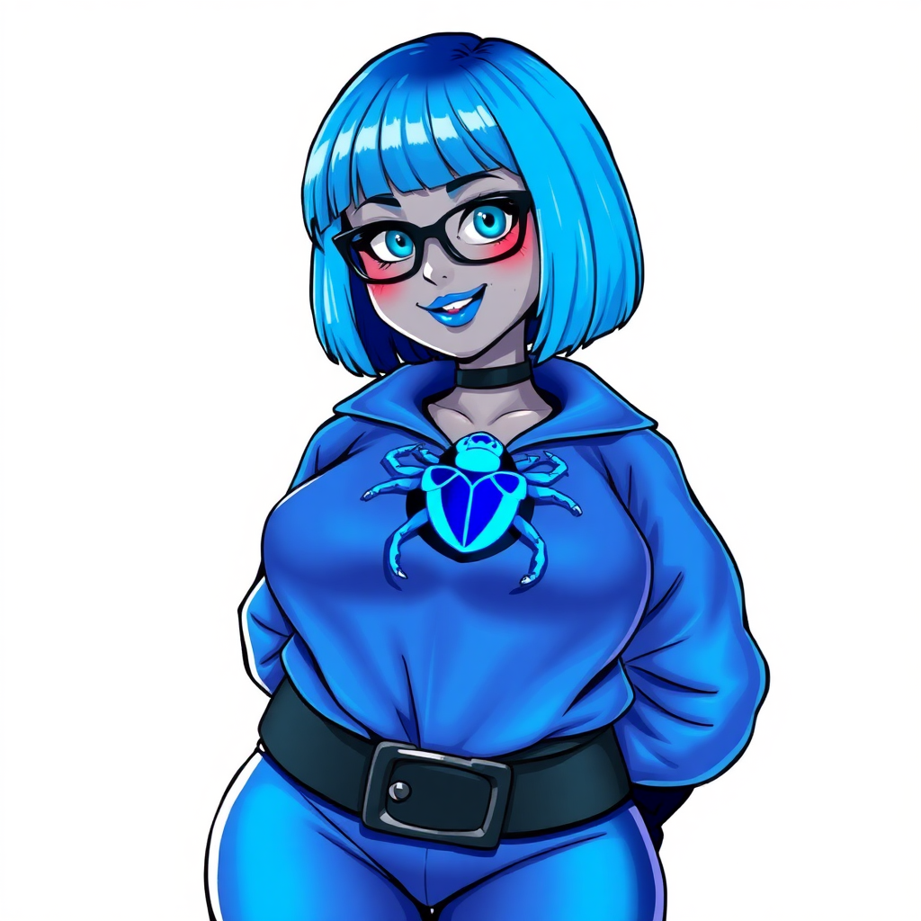 A 28-year-old, full-figured, middle gray metallic-skinned computer program-human hybrid with a maximum blue bob cut. She has a non-athletic build, highlighted by a prominent, round midsection. As a digital sidekick, computer hacker, and nerdy girlfriend to her cyberpunk vigilante boyfriend, her middle gray metallic skin and maximum blue lipstick emphasize her digital nature. She wears an oversized maximum blue costume with a neon blue beetle chest icon, a black belt with a sapphire scarab buckle, and black gloves. Her bright blue eyes, black eyeglasses, and lovestruck smile with neon red blush accentuate her nerdiness. She stands bashfully with her hands behind her back, her costume covering all her skin. Her physique is emphasized. She is on a solid white background. She is drawn as if she was in a retro 2D cyberpunk fighting game.