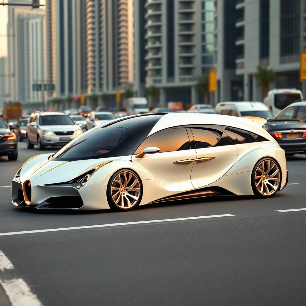 A photo of a futuristic Pagani-designed sedan with 4 doors. The car is white with golden ornamentation. The car is parked on a street in Dubai with heavy traffic. The background contains skyscrapers.