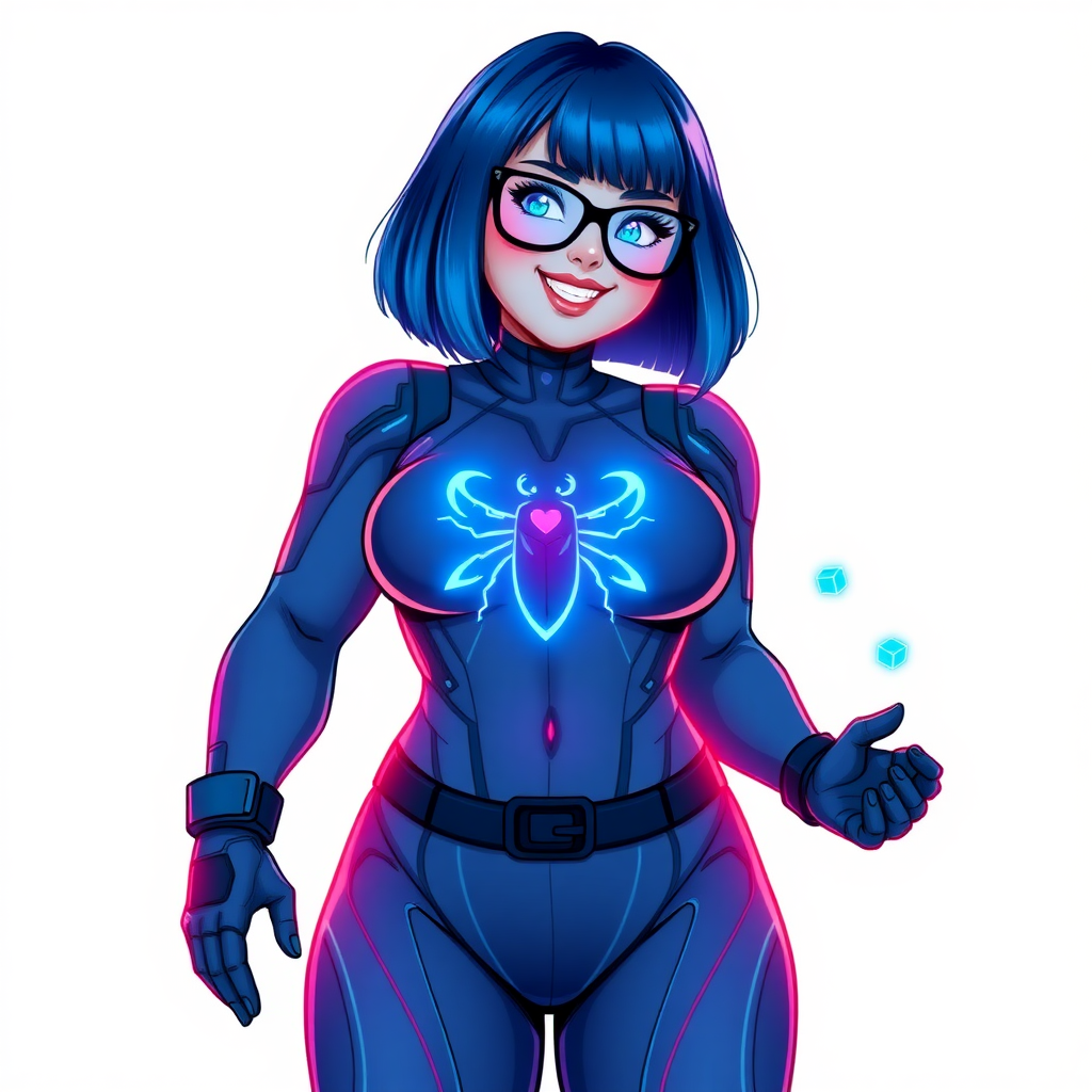 A 28-year-old full figured, computer science major, now transformed into a full figured, nerdy digital sidekick for her cyberpunk vigilante boyfriend, with maximum blue skin. Her bob cut seamlessly blends with her skin, appearing to merge together as computer data, and her neon blue eyes glow intensely. Her full figure is defined by a prominently, round, gargantuan midsection, sequoia-sized limbs, and broad shoulders. As a loyal and supportive sidekick, she plays a crucial role in their missions, using her digital skills to assist and protect.

She wears a digital, computerized maximum blue bodysuit which blends with her hair and skin (appearing to merge together like computer data), all are colored maximum blue. The bodysuit has a neon blue chest icon of a beetle, along with matching high-tech gloves. She bashfully giggles with a neon red blush, emitting neon blue data cubes from her body, set against a solid white background. Heavily pampered by her doting boyfriend, her full figure (especially her prominently, round, gargantuan midsection) clearly shows this care. She has the ability to hack into computers and machines, and her nerdiness is blatantly obvious with her black oversized eyeglasses. Her full figure (especially her prominently round gargantuan midsection) is prominently displayed and heavily emphasized. Her outfit is influenced by DC’s Jennifer Knight Phantom Lady but remains distinct. She is drawn as if she was in a retro 2D cyberpunk fighting game. Ensure she is distinct from Inside Out's Sadness, The Power of Surge's Debra and any other character. Ensure her midsection is round. Her proportions are bloated to emphasize her full figure.