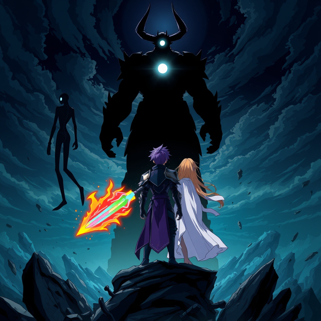 (Anime Style Pixel Art) An intense anime-style scene set against the backdrop of an apocalyptic world into darkness with the sky being darkness. The sky is dark and menacing, swirling with ominous clouds, while the ground below has shattered into a vast, bottomless abyss. Towering above the abyss stand three colossal humanoid figures, formed from pure darkness and shadow. Their bodies are void-like, with only a single large piercing white lens flare for an eye, glowing across their bodies. Two of the titans on each side are lanky, almost skeletal in their stick-figure-like appearance, while the center one is massive and grotesque, with two jagged horns protruding from its head, exuding an aura of raw power. These beings, the Void Titans, radiate malice as they approach.

In stark contrast, on a floating island amidst the destruction, stands a fearless teenage boy backside with striking purple hair, donned in gleaming purple-knight armor. His grip is firm on a magnificent rainbow-flaming sword, its vibrant flames reflecting his unwavering resolve. Beside him stands a serene young woman clad in flowing white robes, her golden hair shining like a beacon of hope, both of them poised to face the towering void-born entities as the world crumbles around them.