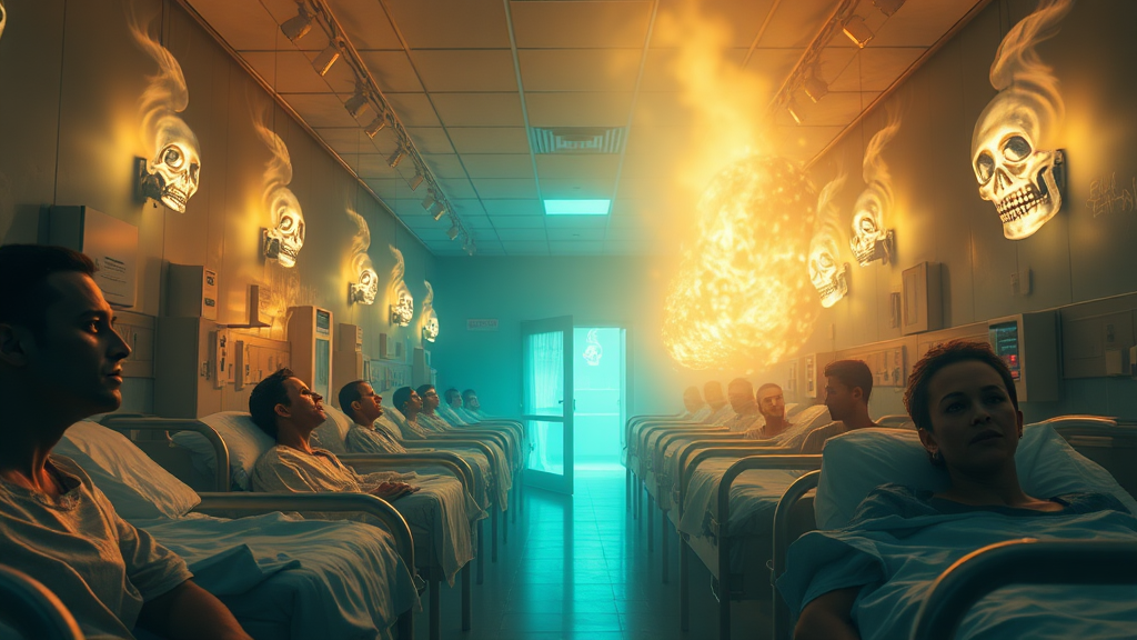 "The hospital bathed in a supernatural glow as the spirits of the patients begin to ascend, their faces slowly transforming from tortured to peaceful."