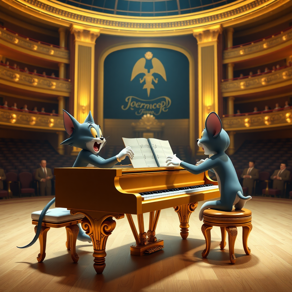 Tom & Jerry are playing a 4 handed music piece on a golden grand piano in a giant concert hall in real 3d.