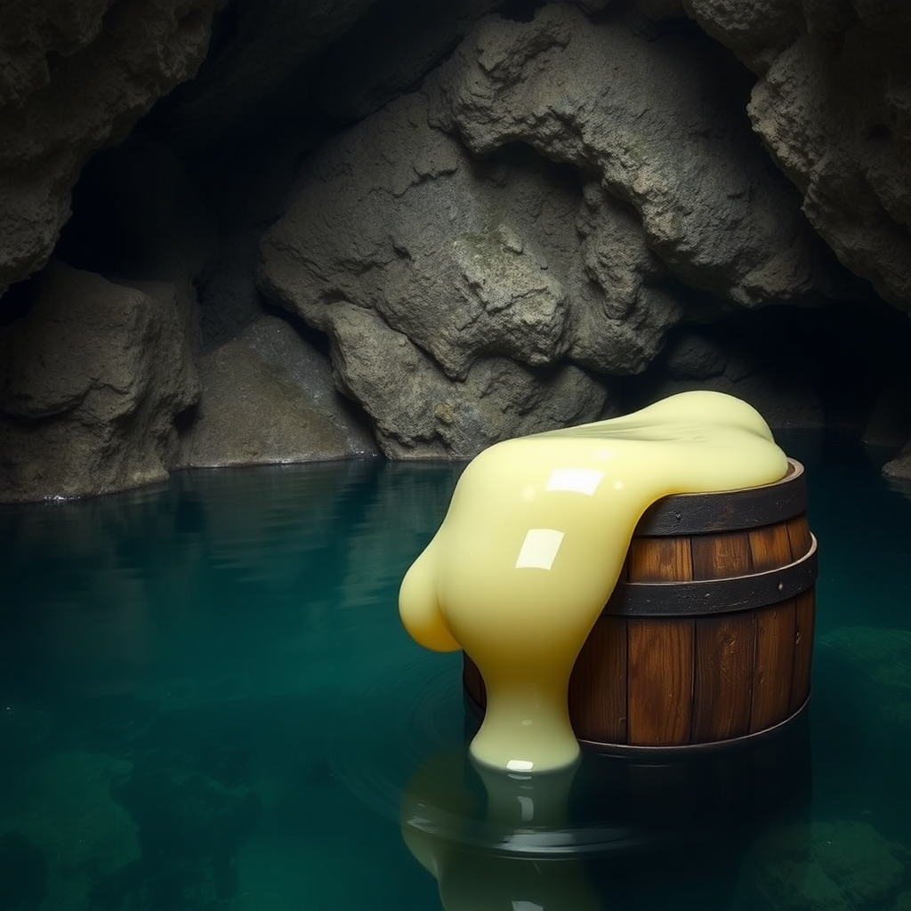 A photo realistic pool in a cave with a wooden barrel near the edge of it and a pale round transparent yellow slime crawling into the barrel.