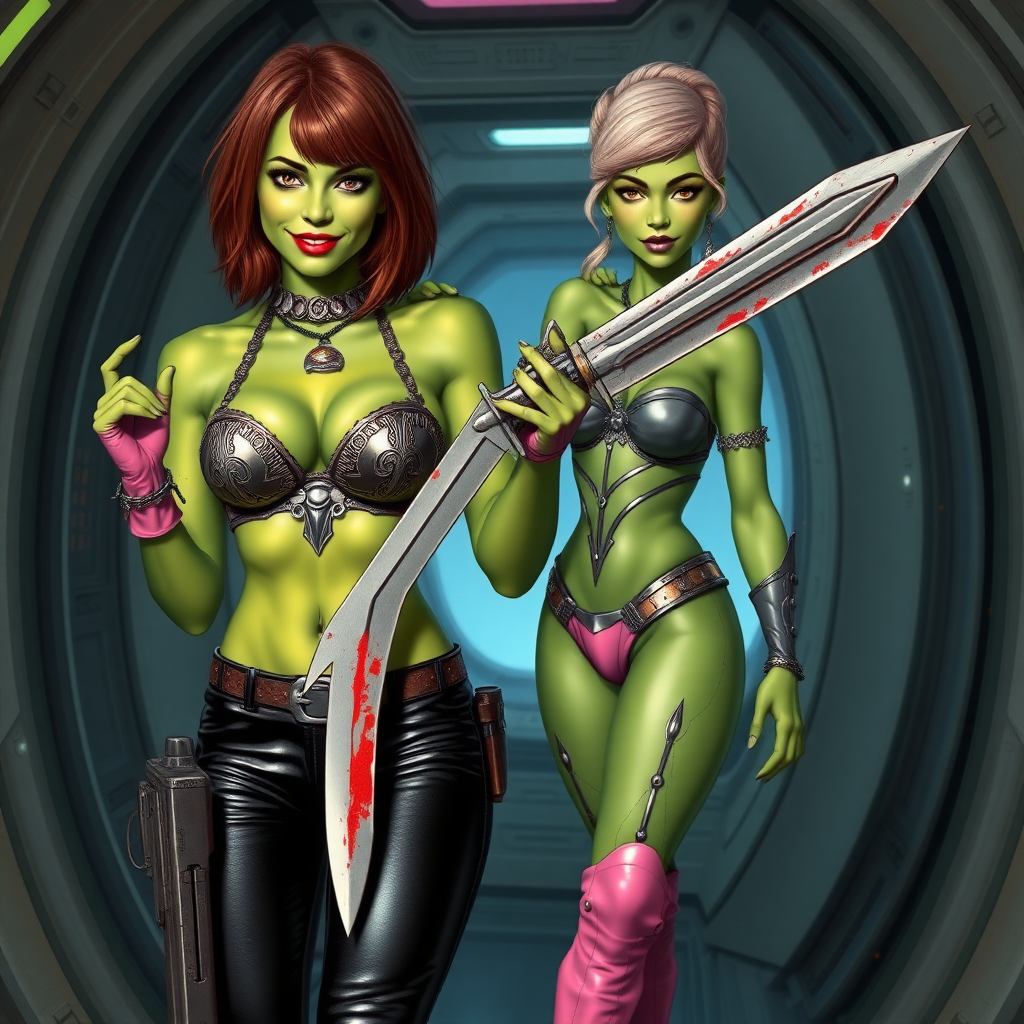 Tall, beautiful green skinned woman. Her brown hair is in a shag-cut style. Her eyes are gold. She is dressed in an ornate metal bra. She is wearing black leather pants, with pink knee high boots. She is holding a large, bloody dagger in a threatening manner. She is smiling. A sci-fi looking gun is holstered at her hip. Standing next to her, hand on her shoulder is an older green skinned woman, dressed in a metal bikini and gray knee boots. She is at a sci-fi space-port.