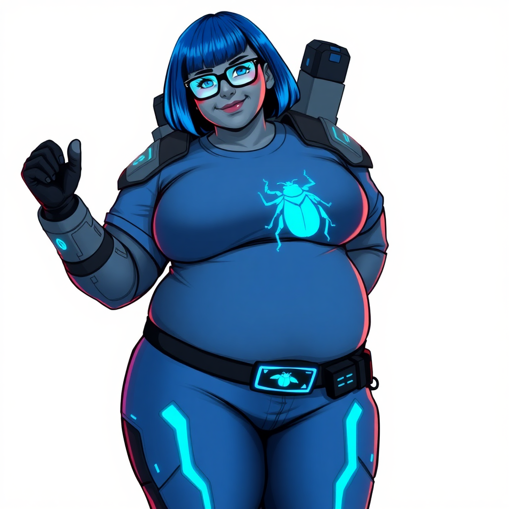 A 28-year-old, full-figured, Middle Gray skinned, computer program hybrid with a maximum blue bob cut. She has a clearly, non-athletic, full-figured build, highlighted by a prominent, round, large midsection (with heavy emphasis on her large belly). As the full-figured, nerdy, digital sidekick to her cyberpunk vigilante boyfriend, her metallic middle gray skin and maximum blue lipstick emphasize her digital nature. She wears a digital, computerized costume, consisting of a huge, tight-fitting, maximum blue t-shirt with a neon blue glowing chest icon of a beetle, hi-tech shoulder pads with neon blue glowing accents, a black hi-tech belt with a digital neon blue glowing buckle, digital maximum blue pants with neon blue accents, and black hi-tech gloves with neon blue glowing accents. Her bright blue eyes, black eyeglasses with neon blue glowing lenses with a built-in HUD, and shy smile with neon red blush accentuate her nerdiness. She stands bashfully with one hand behind her back and the other hand gently touching her cheek, her costume covering all her skin and emphasizing her full-figured physique (especially her belly). She is clearly non-athletic, with a heavy focus on her large belly. Despite her build, she radiates beauty. She has a slim face compared to her physique, accentuating her radiant beauty. She is on a solid white background. She is drawn as if she were in a retro 2D cyberpunk fighting game.