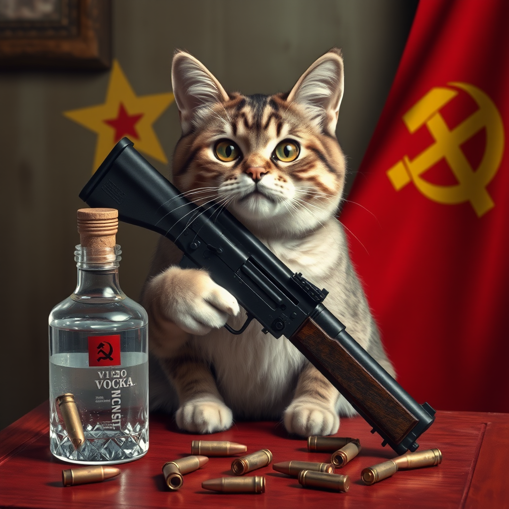 Soviet communist cat with an AK-47 and vodka and a Soviet flag behind a table with bullet casings on it.