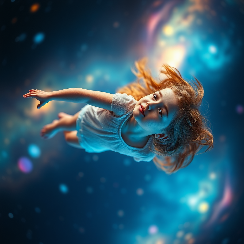 preteen girl floating in space, dreaming, Low Key Lighting, dreamscape, nebula, Bokeh, abstract, brilliant colors, glittering, translucent, iridescent, natural skin, glowing, artistic photo, panoramic, awe, airy, original, experimental, interdimensional