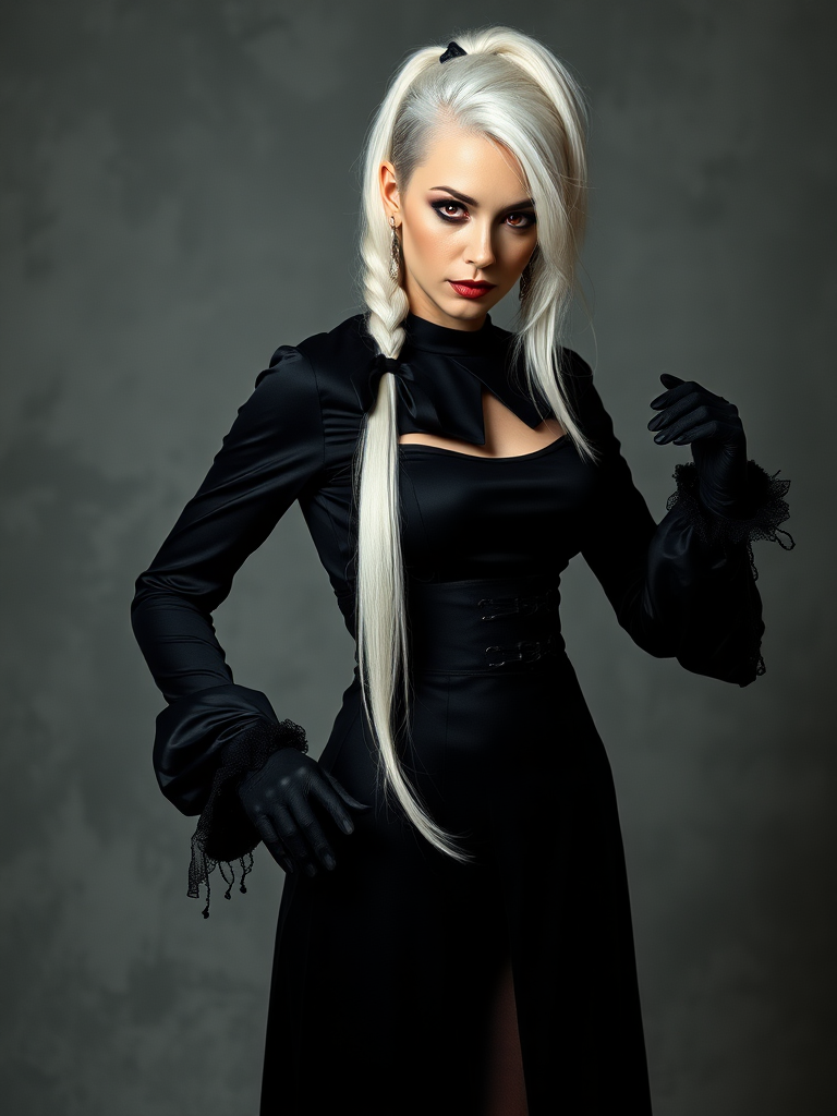 mature adult woman, skinny and tall, long legs, large shoulders, teardrop saggy small breast, long asymmetric undercut layered white hair, side swept bang, long white ponytail tied with a black lace, beautiful detailed face, piercing red eyes with intricate iris details, looking at the camera with a serious expression, wearing gothic style, black silk long sleeve top, black silk long skirt, black pantyhose, black gloves, black ankle boots, standing in a fierce pose with her head held high