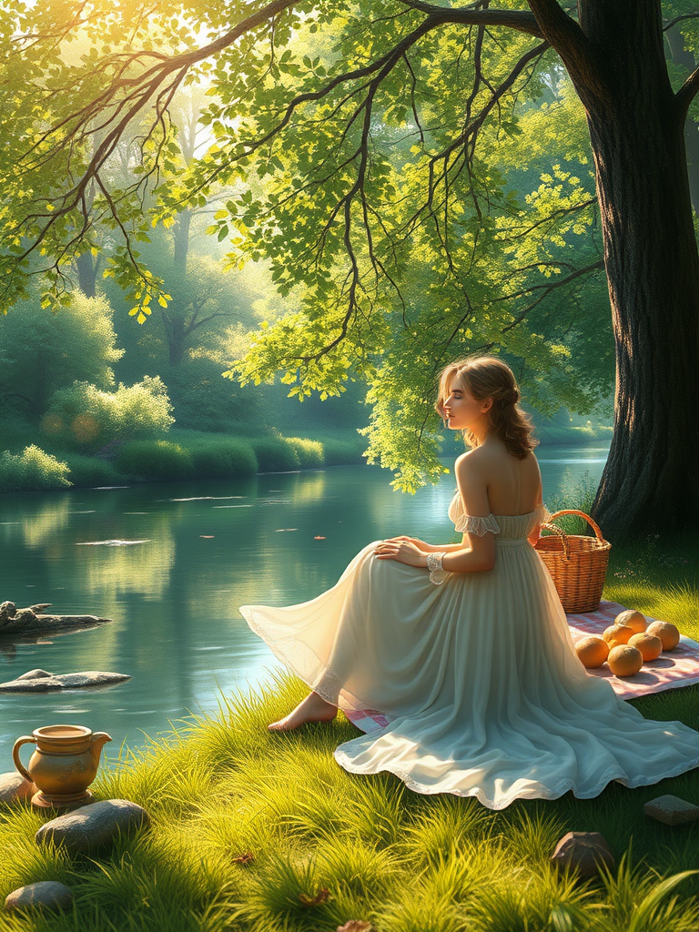 serene woman in a flowing dress having a picnic by a tranquil river, lush greenery, sunlight filtering through trees, soft focus, dreamy atmosphere, pastel colors, detailed and vibrant digital painting by Artgerm and Greg Rutkowski, 4k resolution, inviting and peaceful scene