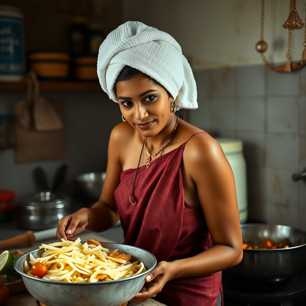 slim, 30 year old, traditional, indian wife, after bath, towel head, cooking food in kitchen