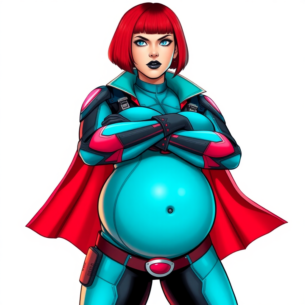 A 26-year-old heavy-set, mystical vigilante detective with a bright red bob cut, black lipstick, and piercing bright blue eyes. She has a new non-athletic build, now highlighted by a prominent, round, gargantuan midsection (with the full emphasis on her gargantuan belly), which shows the aftermath of her vigilante big brother figure's pampering. Despite her new physique, she displays her usual confidence. She wears a high-tech, tight-fitting, maximum turquoise biker suit (accentuating her gargantuan belly), complemented by a glowing neon red cape and high-tech red gloves. Her stance is firm and resolute, arms crossed, exuding a no-nonsense attitude. Her costume reflects the influence of DC New 52 Prime Earth’s Phantom Lady, Jennifer Knight, while her pose embodies the moral ambiguity and determination reminiscent of DC’s Pax Americana’s The Question. She is on a solid white background. She is drawn as if she was in a retro 2D cyberpunk fighting game.