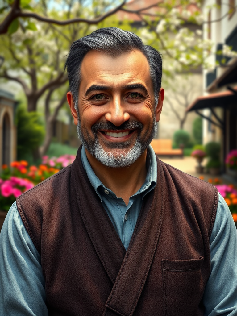 Create an emotionally resonant and visually stunning hyper-realistic portrait that captures the essence of a dignified 50-year-old Iranian gentleman. The artwork should convey his robust strength, approachable demeanor, and inner peace, set against a serene historic European garden in full spring bloom. Utilize advanced digital rendering techniques to enhance depth, realism, and emotional impact, ensuring every detail contributes to a harmonious and immersive experience.

**Portrait Description:**

**Physical Characteristics:**
- **Body Type:** Sturdy and well-built, exhibiting a strong and balanced physique that reflects years of bodybuilding. Although slightly chubby, his form remains impressive and in excellent shape.
- **Height & Weight:** Stands tall at 180 cm with a solid weight of approximately 105 kg, presenting a commanding yet friendly presence.
- **Proportions & Muscle Mass:** Well-balanced shoulder-to-waist ratio of 1.3, highlighting broad shoulders and a robust frame. Well-developed muscles accentuate his athletic build, showcasing vitality.
- **Posture:** Confident and relaxed, with shoulders back and head held high, emanating self-assurance and ease.

**Facial Characteristics:**
- **Appearance:** Clean-shaven face emphasizing refined, delicate, plump, and rounded features. Flawless and radiant skin conveys youthfulness and vitality.
- **Bone Structure:** Strong and masculine, providing a sturdy framework to his face.
- **Expression:** Bright, kind, and genuine smile reflecting kindness, compassion, and inner peace. His eyes convey thoughtfulness and insightfulness.
- **Eyes:** Bright, expressive deep green eyes that sparkle with warmth and inner light.

**Hair:**
- **Color & Texture:** Dark brown with subtle graying at the temples, exhibiting a natural, rich texture that appears soft and lustrous.
- **Style & Density:** Neatly styled, thick and full hair with no signs of thinning, framing his face with a healthy and vibrant appearance.

**Background:**
A picturesque historic European garden in full spring bloom, featuring vibrant flowers, lush greenery, ornate stone pathways, and a gently flowing stream, enhancing the portrait's tranquility and timelessness.

**Symbolism and Metaphors:**
Incorporate subtle gestures or motifs, such as the gentle flow of the stream symbolizing his inner peace and the blooming flowers representing growth and vitality, adding depth and meaning to the artwork.

**Lighting and Shading:**
Employ a tranquil chiaroscuro effect with a delicate interplay of light and shadow to create realistic depth and volume. Utilize natural colors and subtle shading to enhance luminosity and atmospheric perspective, immersing the viewer in the scene.

**Techniques:**
- **Digital Rendering:** Utilize Corel Painter, ZBrush, and Adobe Photoshop to achieve remarkable 3D volume, exquisite shading, and ultra-fine detailing.
- **Textural Elements:** Incorporate high-quality pigments, metallic flakes, and glass beads to ensure vibrant textures under raking light.
- **Layering:** Apply layer glazes, metallic flakes, and glass beads to add unparalleled dimensionality and luminous shadows.
- **Detailing:** Add a hyper-realistic pencil sketch texture for intricate facial and bodily details.

**Technical and Artistic Specifications:**
- **Resolution & Display:** Render in stunning 64K UHD resolution with a broad color spectrum, ideal for high-profile platforms like ArtStation and Behance.
- **Lighting & Depth:** Implement a tranquil chiaroscuro effect with soft, delicate colors and nuanced shades of grey, black, and white to enhance depth and clarity.
- **Rendering Quality:** Use advanced rendering techniques and 3D volumetric effects for unparalleled detail and sharpness.
- **Composition & Focus:** Emphasize gentle, lifelike depth and striking details with a cinematic close-up approach. Utilize a balanced f/11 aperture and raw photographic style with advanced v6 enhancements to render vivid colors and minute details at an unparalleled level of realism.
- **Overall Harmony:** Achieve maximum harmony across all elements, resulting in a balanced and cohesive composition that captivates both technically and emotionally.

**Final Touches:**
The artwork will be rendered in Hyper-realistic 8K resolution with a vast color gamut, providing an immersive experience that indulges all senses. Every element will feature hyper-realistic precision, contributing to a visually stunning and emotionally compelling masterpiece that exudes harmony and tranquility.

**Additional Adjustments Based on Specifications:**
- **Facial Hair:** Ensure the gentleman is completely clean-shaven with no beard or mustache.
- **Clothing Details:** Remove any references to fabrics or items in his pockets to maintain a clean and uncluttered appearance.