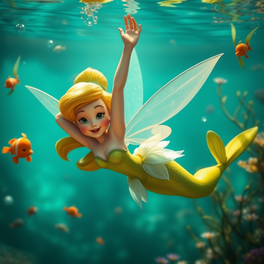 Tinkerbell as a mermaid she's floating underwater surrounded by sea creatures and plant life. Her graceful arms float above her head. In the photographic style of Richard Fegley on DSLR