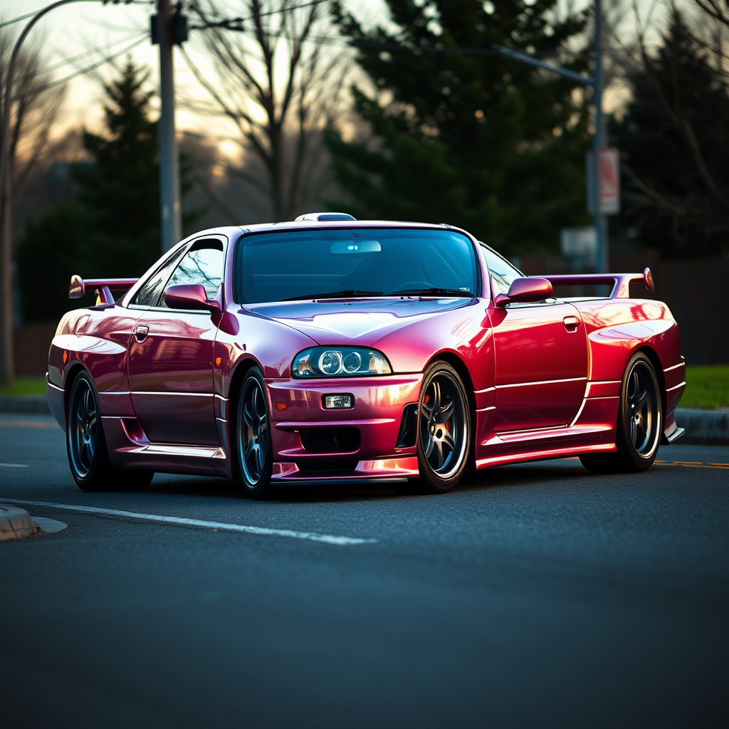 metallic shine nissan skyline r34 the car is parked on the side of the road, inspired by Taiyō Matsumoto, tumblr, restomod, nd4, c4 cold colors