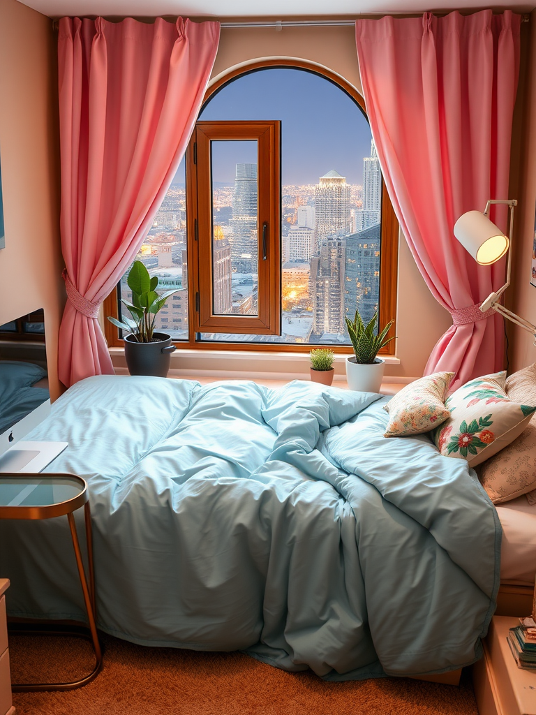 Cozy little house: pink curtains, soft bedding, white computer, wooden window frame, city night view, warm lighting, blue bedspread, metal computer stand, beige walls, green plants, comfortable cushions, high-rise lights, minimalistic desk, round window, cartoon stickers, warm blankets, glass tabletop, modern skyscrapers, fresh floral scent, vintage lamp, soft carpet, colorful throw pillows, crisp white sheets, real, reality, real.