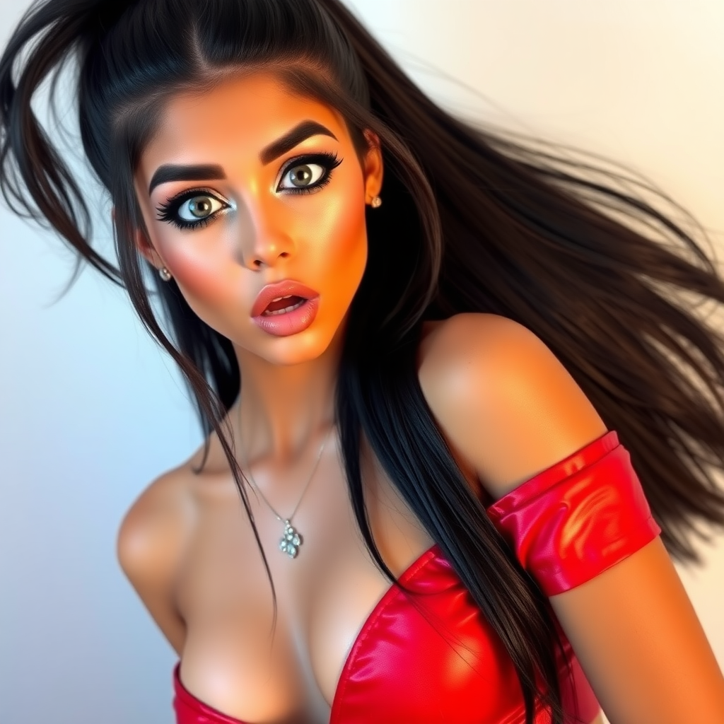 surprised Arabian girl with mouth open. She has very large eyes, black eyeshadow, black eyeliner, fake eyelashes, very tanned skin, very long hair, very high ponytail, red off shoulder shiny crop top. photo realistic, black hair.