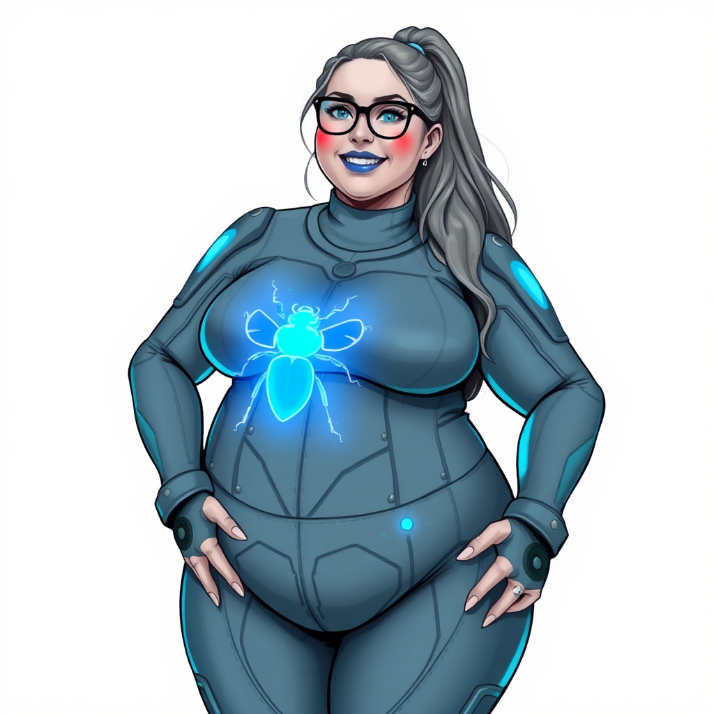 A 28-year-old computer science major embracing her new life as her cyberpunk vigilante boyfriend's nerdy, full figured middle gray skinned computer program hybrid girlfriend with a long, middle gray ponytail. She wears maximum blue lipstick and has bright blue eyes. Her outfit includes a digital, computerized, middle gray bodysuit (accentuating her gargantuan midsection) featuring a neon blue glowing beetle chest icon. She sports black eyeglasses, with a beaming smile and neon red blush. Her full figure reflects the doting care of her vigilante boyfriend. She uses her power to hack into computers and machines to serve as her hero's minicomputer operating out of his hi-tech wristwatch and supercar's supercomputer. The background is solid white. She has a prominent, round, gargantuan midsection. Her midsection is bloated to emphasize her physique. Her middle gray metallic skin shows her digital nature. She is drawn as if she was in a retro 2D cyberpunk fighting game.