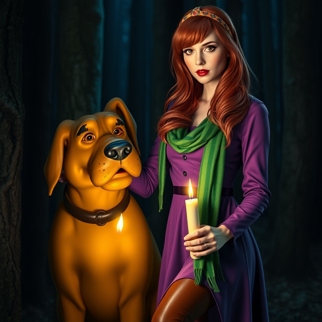 masterpiece, full body Daphne Blake, looks like Sarah Michelle Gellar, hyper realistic, realistic face, detailed face, wears headband and purple dress and green scarf, high boots, long red hair, is holding a lit up candle in the dark, next to a realistic dog that looks like Scooby Doo. She is in a very dark creepy forest. Marvelous, awesome, beautiful. Perfect hands, high detailed face, detailed skin, perfect eyes, eyeliner, large lashes, 60s look style, sexy, spicy look, scooby doo, front view, glitter