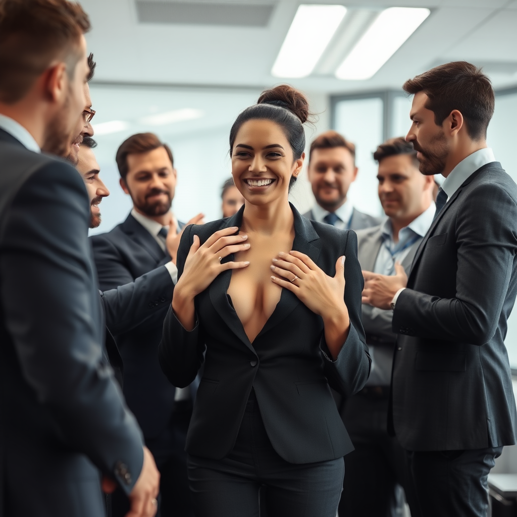 a happy business woman in the office, her many male colleagues are surrounding her, touching her all over her body