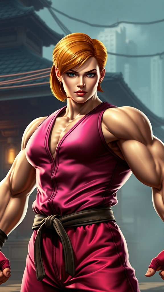 Create a full-body photorealistic render featuring Daphne Blake's head on a male figure resembling Ryu from Street Fighter. Adapt her classic costume to fit this muscular form. The background should blend elements from Daphne's mystery-solving settings with Ryu's martial arts environments. Emphasize a seamless combination of both characters' iconic styles, ensuring the scene captures the essence of mystery and combat.