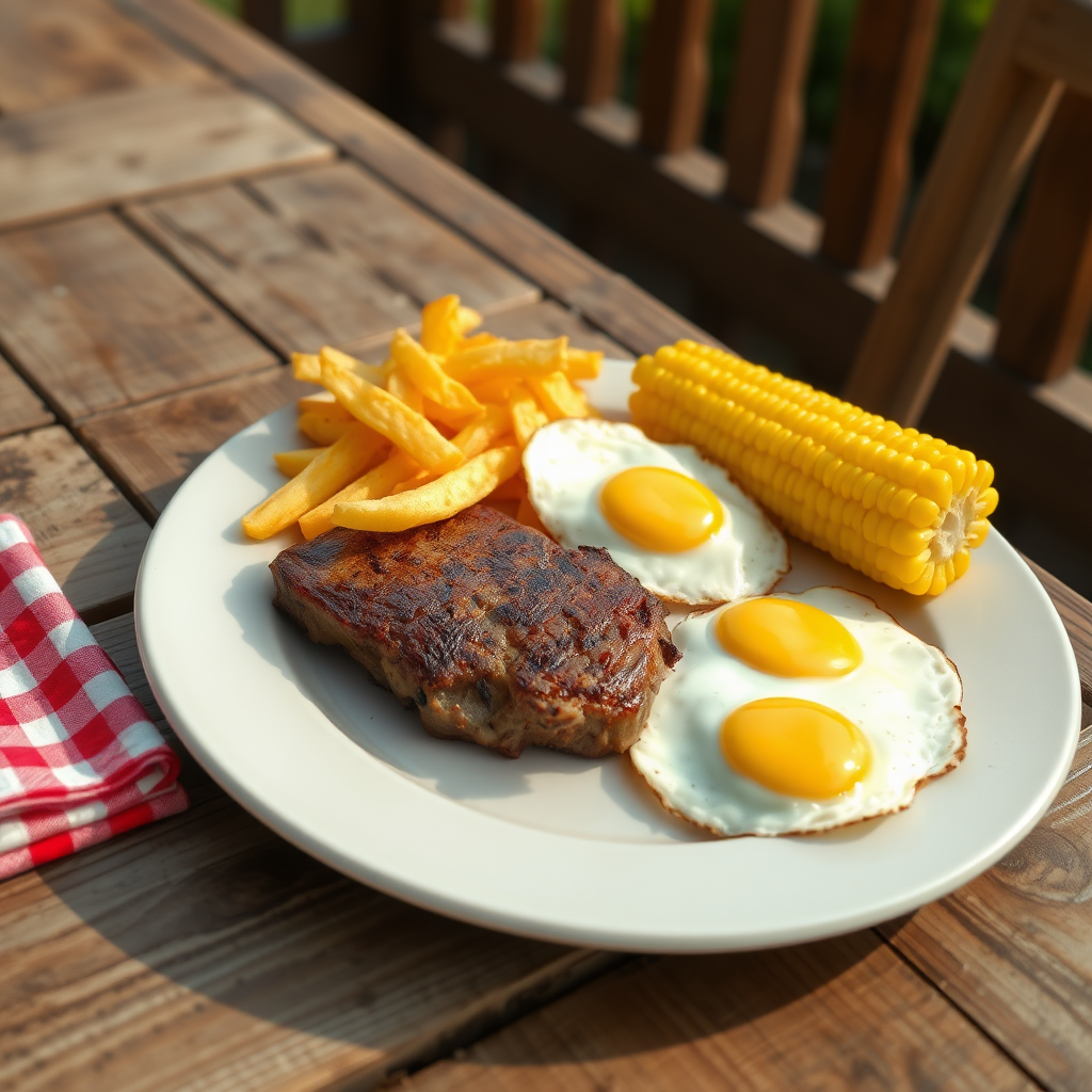 highly detailed photorealistic image of a plate on a rustic wooden table, outdoors, mid-afternoon. There is a steak, two fried eggs, a pile of chips and a cob of corn on the plate, all steaming hot. There is a red and white gingham napkin nearby.