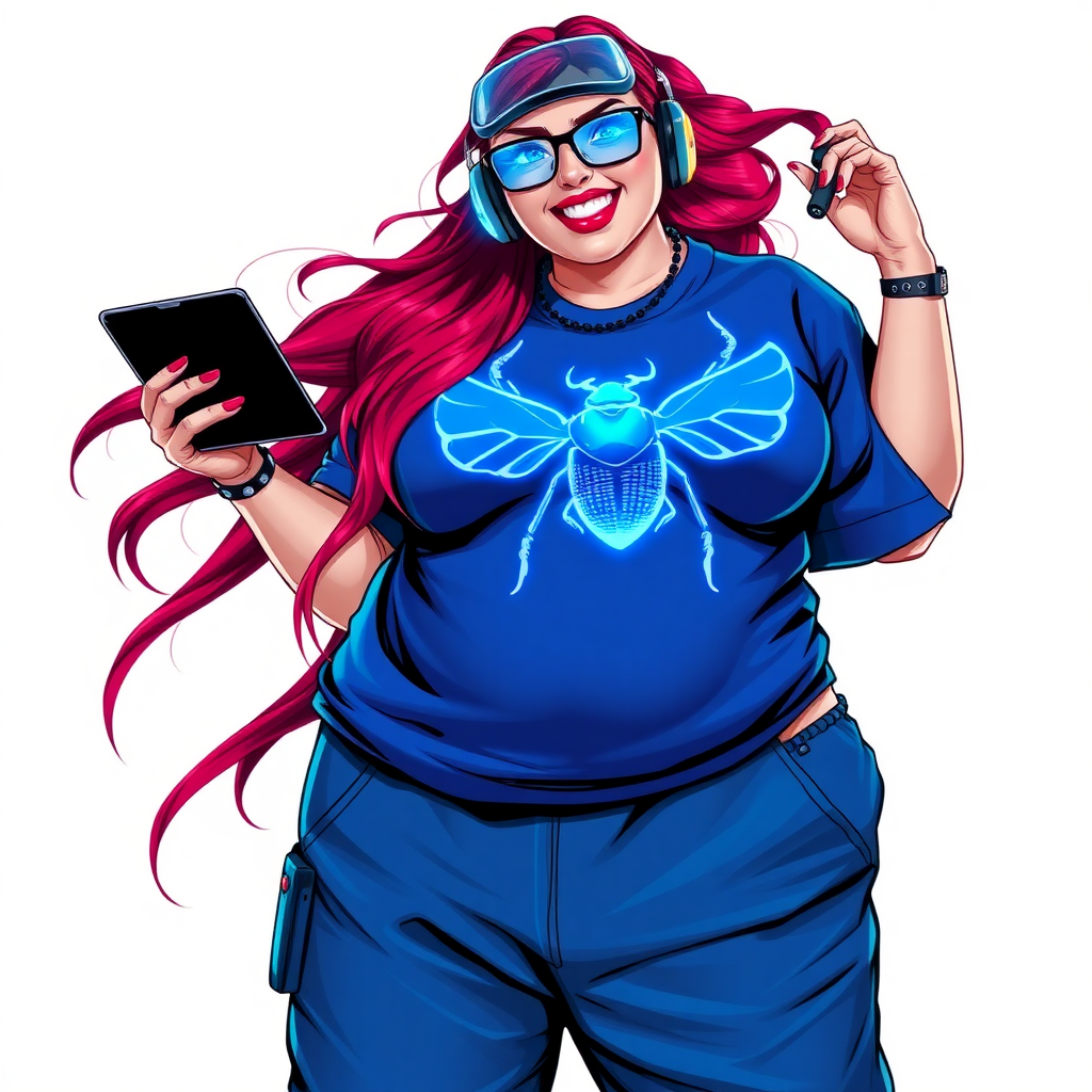 A cyberpunk vigilante’s full-figured intelligent and tech-savvy 29-year-old girlfriend, who is a computer hacker and tech genius. She has a long ruby red ponytail and bright blue eyes. She wears a sapphire beetle gemstone necklace, an oversized Maximum Blue (RGB 71, 171, 204) t-shirt featuring a giant neon blue glowing chest icon of a winged beetle, and matching Maximum Blue sweatpants. She has a full-figured physique with a prominent, enormous, round midsection, reflecting her well-cared-for lifestyle. She sports a sapphire headset with a hi-tech sapphire lensed HUD visor, Maximum Blue (RGB 71, 171, 204) lipstick, black eyeglasses, and a beaming smile with a passionate bright red blush. Despite her figure and a lack of self-esteem, she radiates an air of beauty. She has an angular face which contributes to her radiant beauty. She serves as his tech expert from his hideout, holding a holographic tablet and a hi-tech tool wrench. The background is solid white. She is drawn as if she was in a retro 2D cyberpunk fighting game. Make sure her outfit covers her midsection.