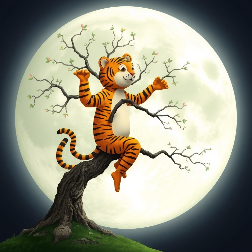 A tree in a tiger costume dances on the moon.