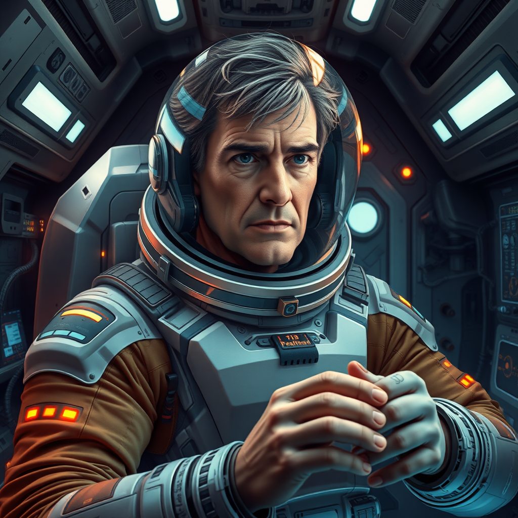 Depict Ryland Grace, a human astronaut from the book Project Hail Mary, aboard a futuristic spacecraft. He is wearing a sleek, modern space suit with a transparent helmet revealing his face, showing determination and intelligence. Grace is middle-aged with short, disheveled hair and a slightly rugged appearance, the result of his long journey in space. The suit is adorned with glowing indicators and advanced life-support systems. The spacecraft interior is cramped but filled with sophisticated technology, glowing control panels, and intricate wiring. Grace is shown either analyzing data or interacting with alien technology, reflecting his problem-solving skills and the high-stakes mission he's on. The environment should evoke a sense of isolation in deep space, yet there is a focus on his critical task of saving humanity. photo real style