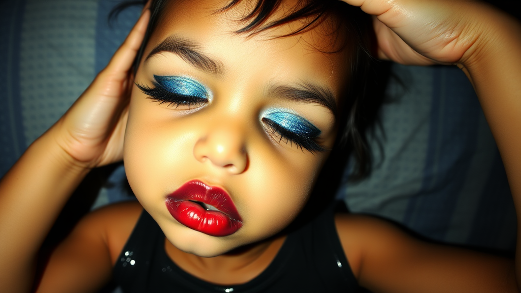 four-year-old-latina-female-child that has extremely big lips. She is wearing intense-blue-glitter-eyeshadow, thick-winged-eyeliner with very-dramatic-eyeliner-wings, and dark-burgundy-glossy-lipstick. She is wearing a tight-glossy-latex-sleeveless-crop. Her lips are puckered and her eyes are half closed. he is holding her head still. Fish-eye-lens, laying in a dark motel room, amateur flash photography.