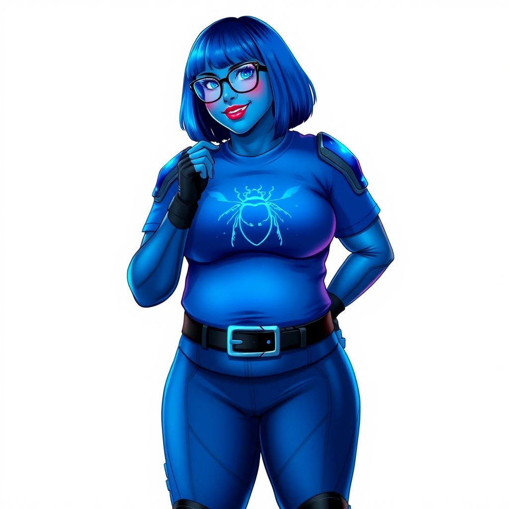 A 28-year-old, full-figured, metallic maximum blue (5PB 5/12) skinned computer program hybrid with a maximum blue bob cut. She has a non-athletic build, highlighted by a prominent, round, large midsection (with emphasis on her large belly), which shows the effects of her new love of junk food acquired from her boyfriend. As the full-figured, nerdy, digital sidekick to her cyberpunk vigilante boyfriend, her metallic maximum blue skin and maximum blue lipstick (5PB 5/12) emphasize her digital nature. Her skin has a subtle, animated glow, with digital patterns occasionally flickering across it, making her digital nature obvious. She wears a digital, computerized costume, consisting of a huge, tight-fitting, maximum blue t-shirt (5PB 5/12) with a neon blue glowing chest icon of a beetle, hi-tech shoulder pads with neon blue accents, a black hi-tech belt with a digital neon blue glowing buckle, digital maximum blue biker pants (5PB 5/12) with neon blue accents, and black hi-tech fingerless biker gloves with neon blue glowing accents. Her neon blue glowing eyes, black eyeglasses with neon blue glowing lenses equipped with a built-in HUD, and bashful smile with neon red blush accentuate her nerdiness. She stands bashfully with one hand behind her back and the other hand gently touching her cheek, her costume covering all her skin and emphasizing her full-figured physique (especially her large belly). She is clearly non-athletic, with a focus on her full-figured physique. Despite her build, she radiates beauty. She has a slim face compared to her physique, accentuating her radiant beauty. She is on a solid white background. She is drawn as if she were in a retro 2D cyberpunk fighting game.